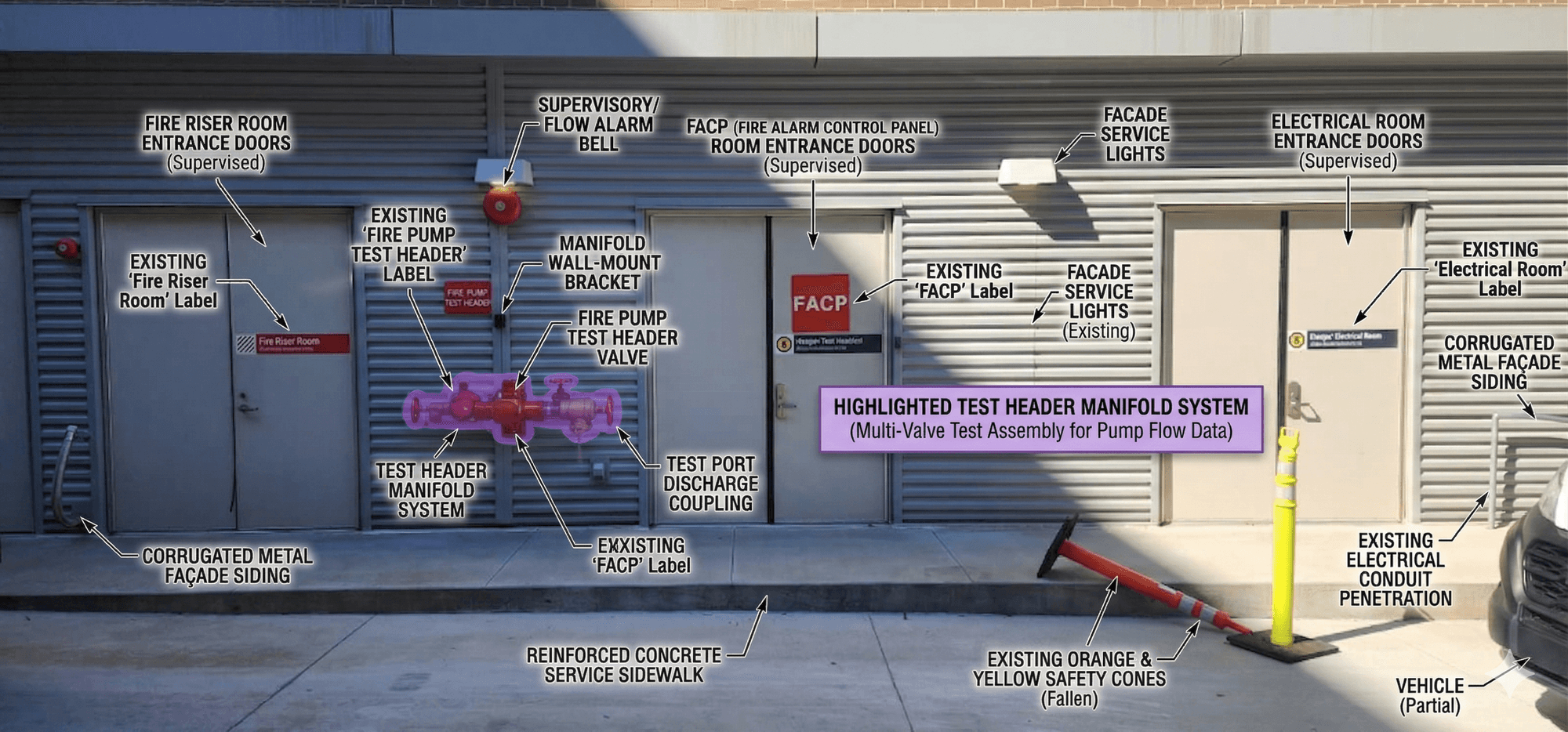 Annotated photo of an exterior wall showing the fire pump test header manifold highlighted, with the fire riser room door, FACP room door and electrical room door labelled